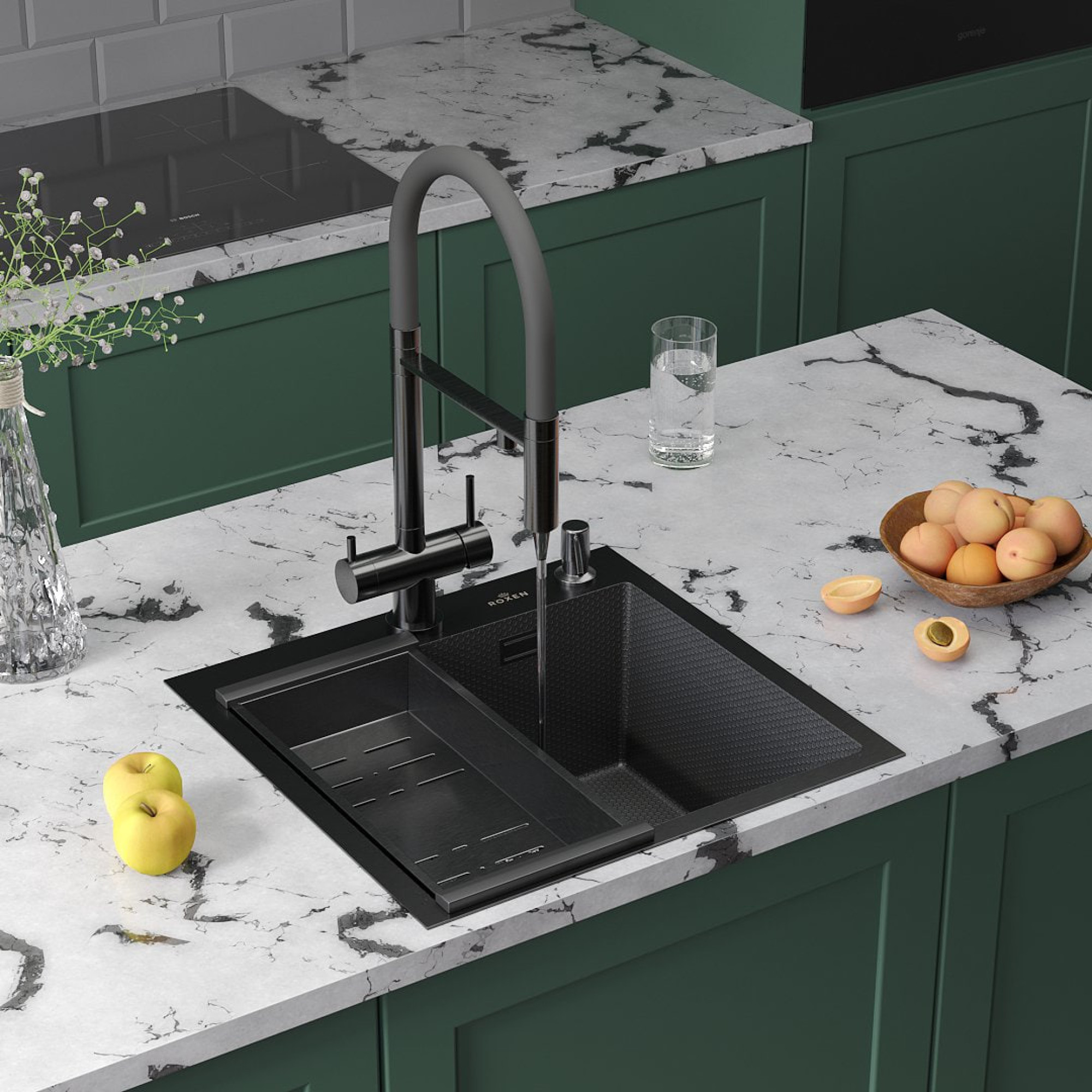 Кухонная мойка Roxen Snake 560220-50-BS (50*48) PVD графит/текстурная поверхность (с коландером и дозатором) фото-2
