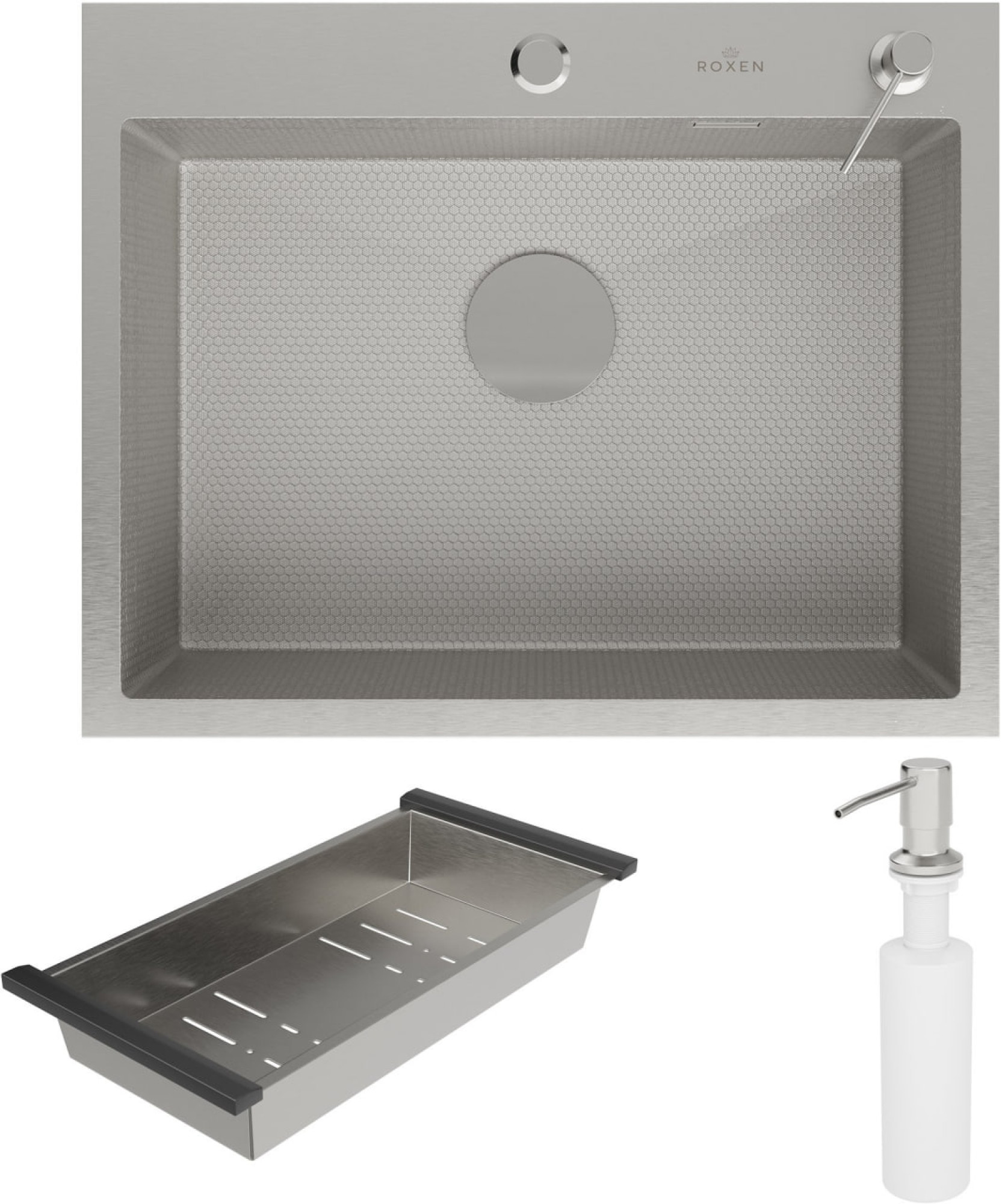 Кухонная мойка Roxen Snake 560220-60-S сатин/текстурная поверхность (с коландером и дозатором) фото-3