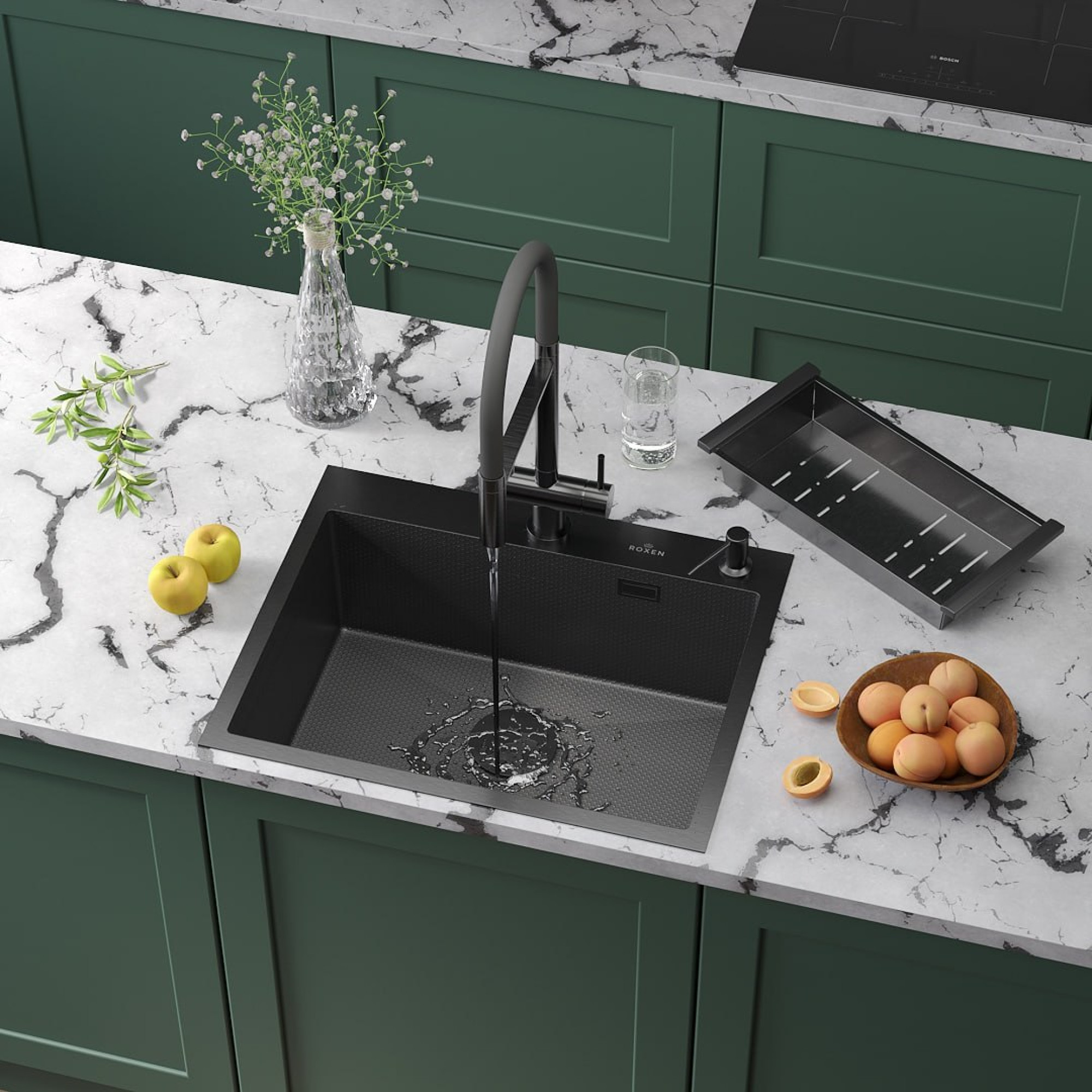 Кухонная мойка Roxen Snake 560220-60-BS PVD графит/текстурная поверхность (с коландером и дозатором) фото-2