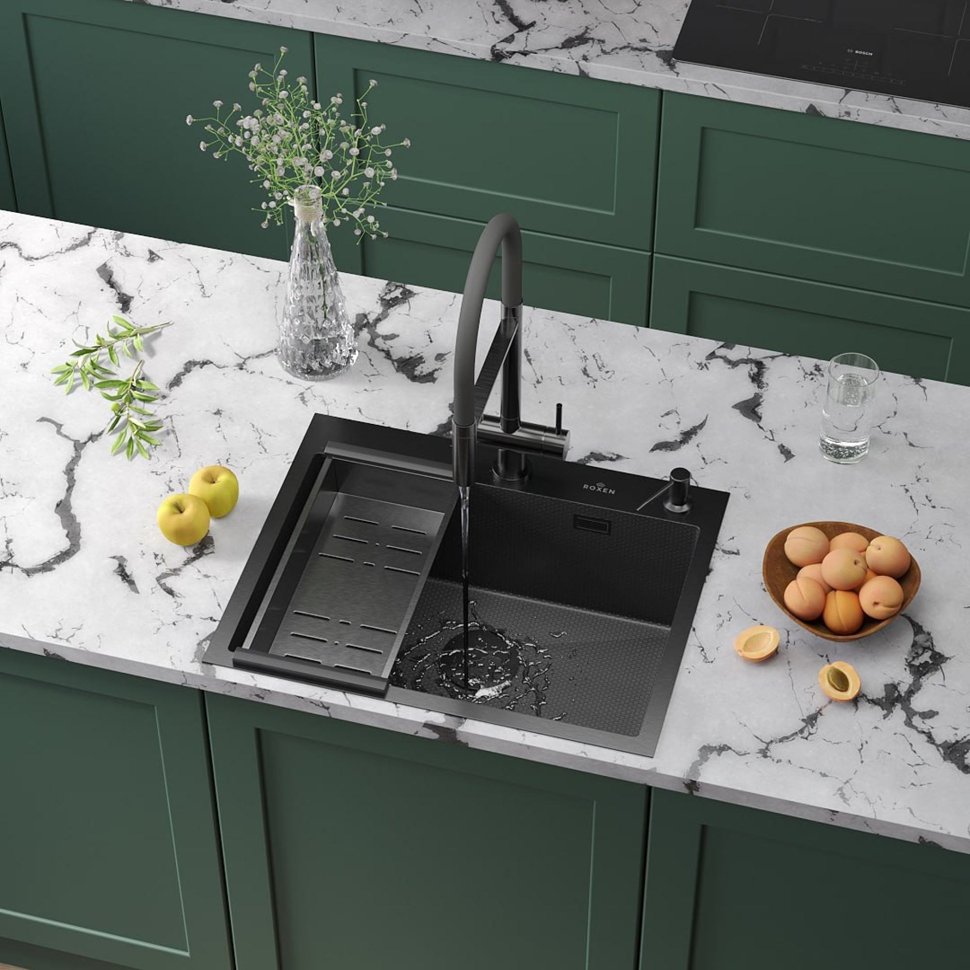 Кухонная мойка Roxen Snake 560220-60-BS PVD графит/текстурная поверхность (с коландером и дозатором) фото-3