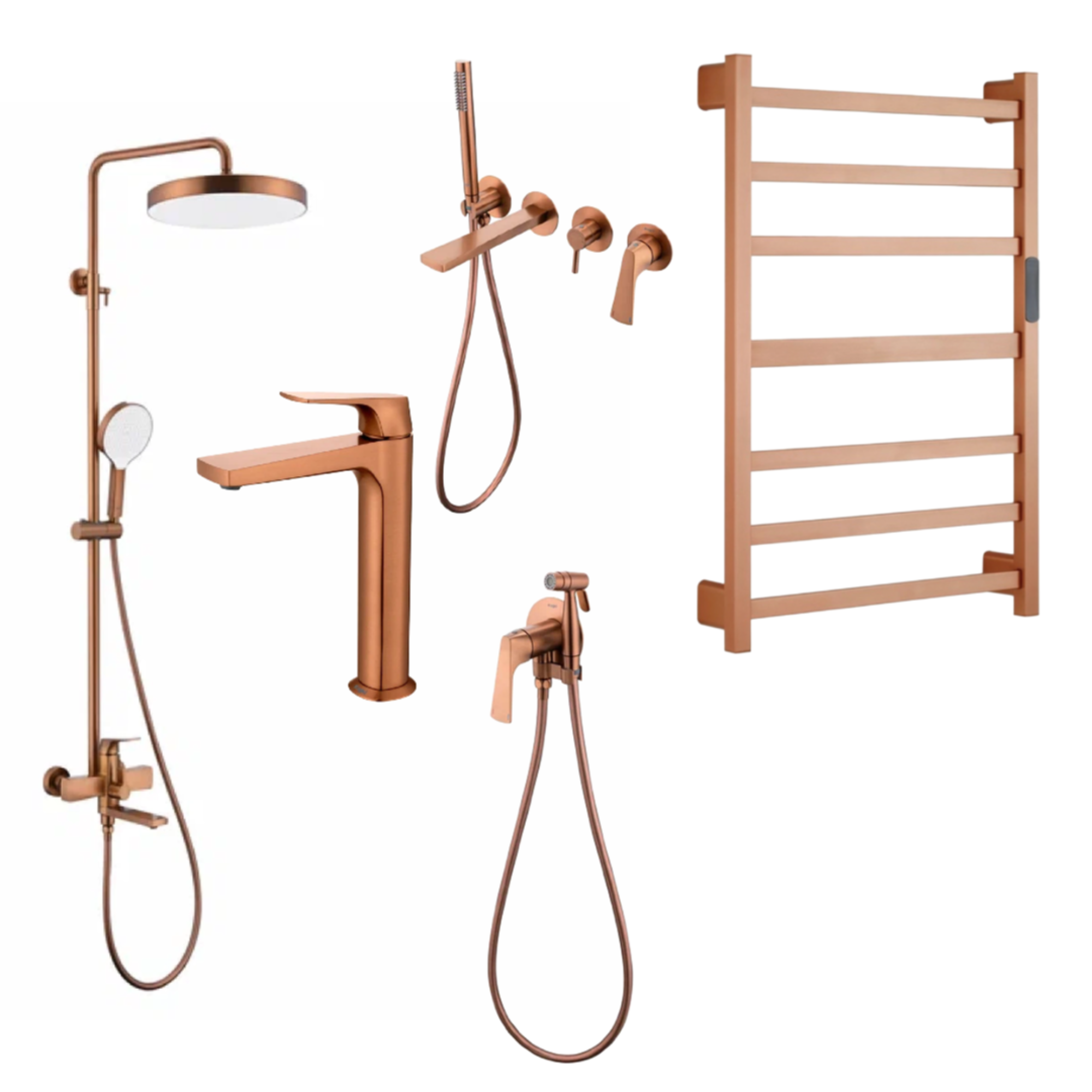 Комплект смесителей Raglo #07медь Душевая система Raglo R07.24.33 Смеситель Raglo R07.32.33 Смеситель Raglo R07.15.33 Гигиенический душ Raglo R07.52.33 Полотенцесушитель электрический Raglo R350.07.33 - фото1