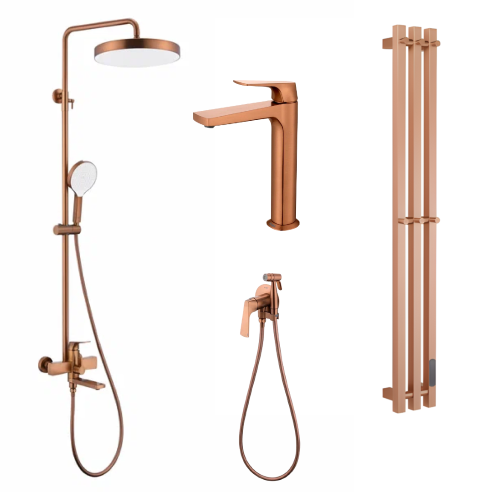 Комплект смесителей Raglo #07медь Душевая система Raglo R07.24.33 Смеситель Raglo R07.15.33 Гигиенический душ Raglo R07.52.33 Полотенцесушитель электрический Raglo R350.17.33 - фото1