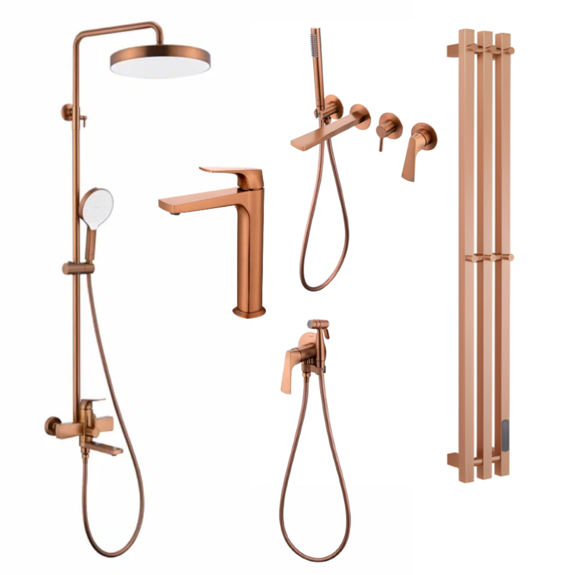 Комплект смесителей Raglo #07медь Душевая система Raglo R07.24.33 Смеситель Raglo R07.32.33 Смеситель Raglo R07.15.33 Гигиенический душ Raglo R07.52.33 Полотенцесушитель электрический Raglo R350.17.33 - фото1