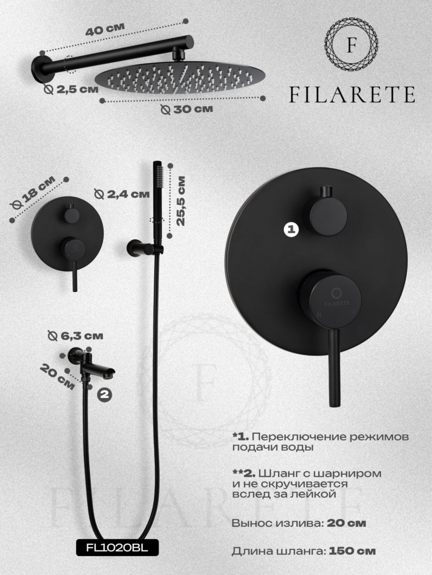 Душевая система  Filarete Roun FL1020 (черный матовый) фото-3