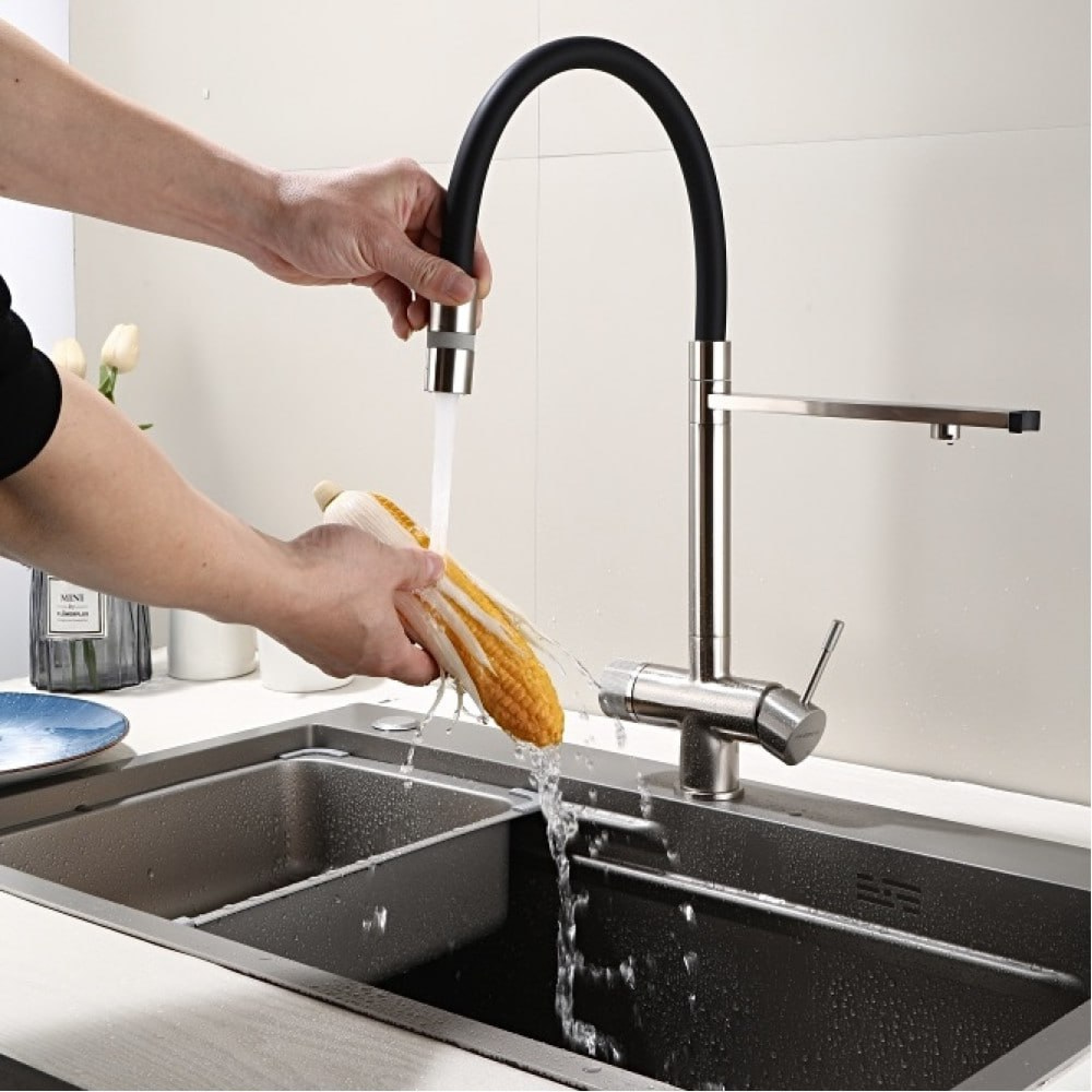 Комплект Мойка ARFEKA ECO AR 600*500 SATIN DECOR VOLCANIC ROCK смеситель Hansen 15089-G фото-9