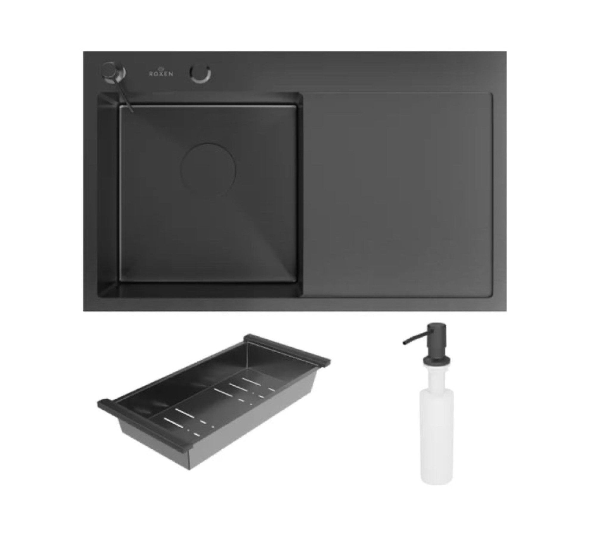 Кухонная мойка Roxen Vespa 560230-70LB PVD графит (с коландером и дозатором) - фото1