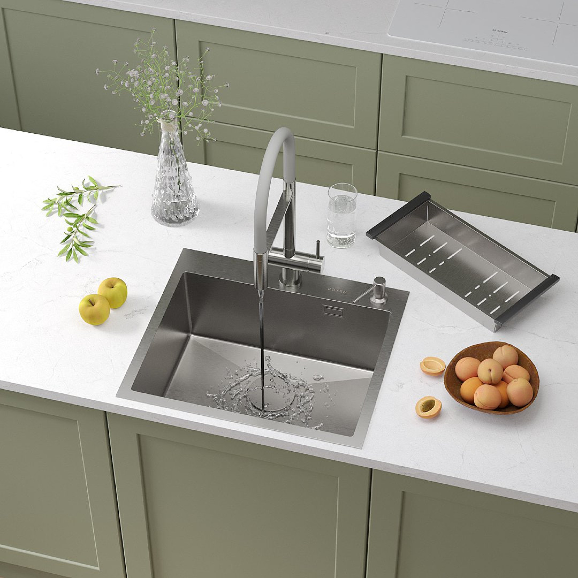 Кухонная мойка Roxen Simple 560220-55 сатин (с коландером и дозатором) - фото2
