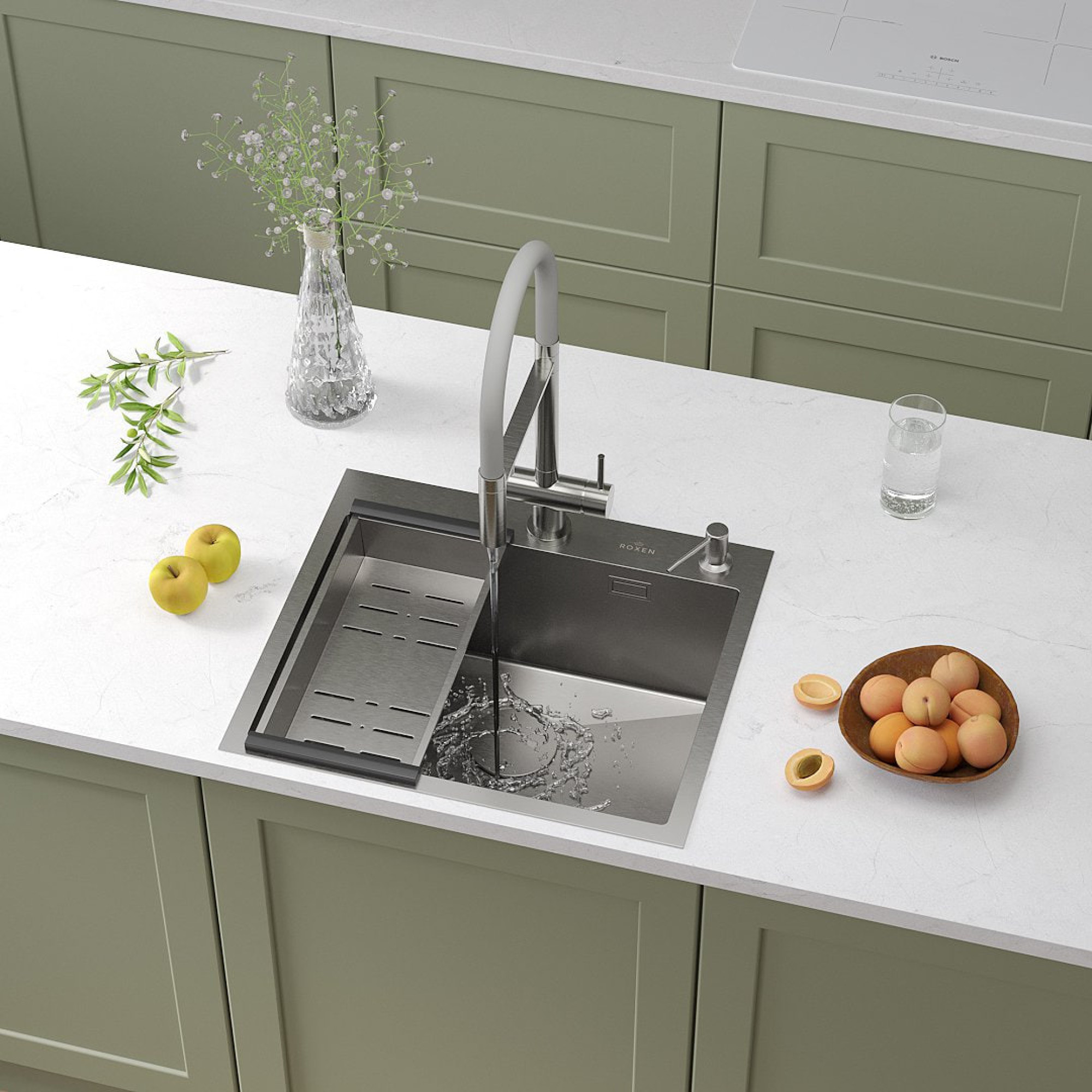 Кухонная мойка Roxen Simple 560220-55 сатин (с коландером и дозатором) фото-3