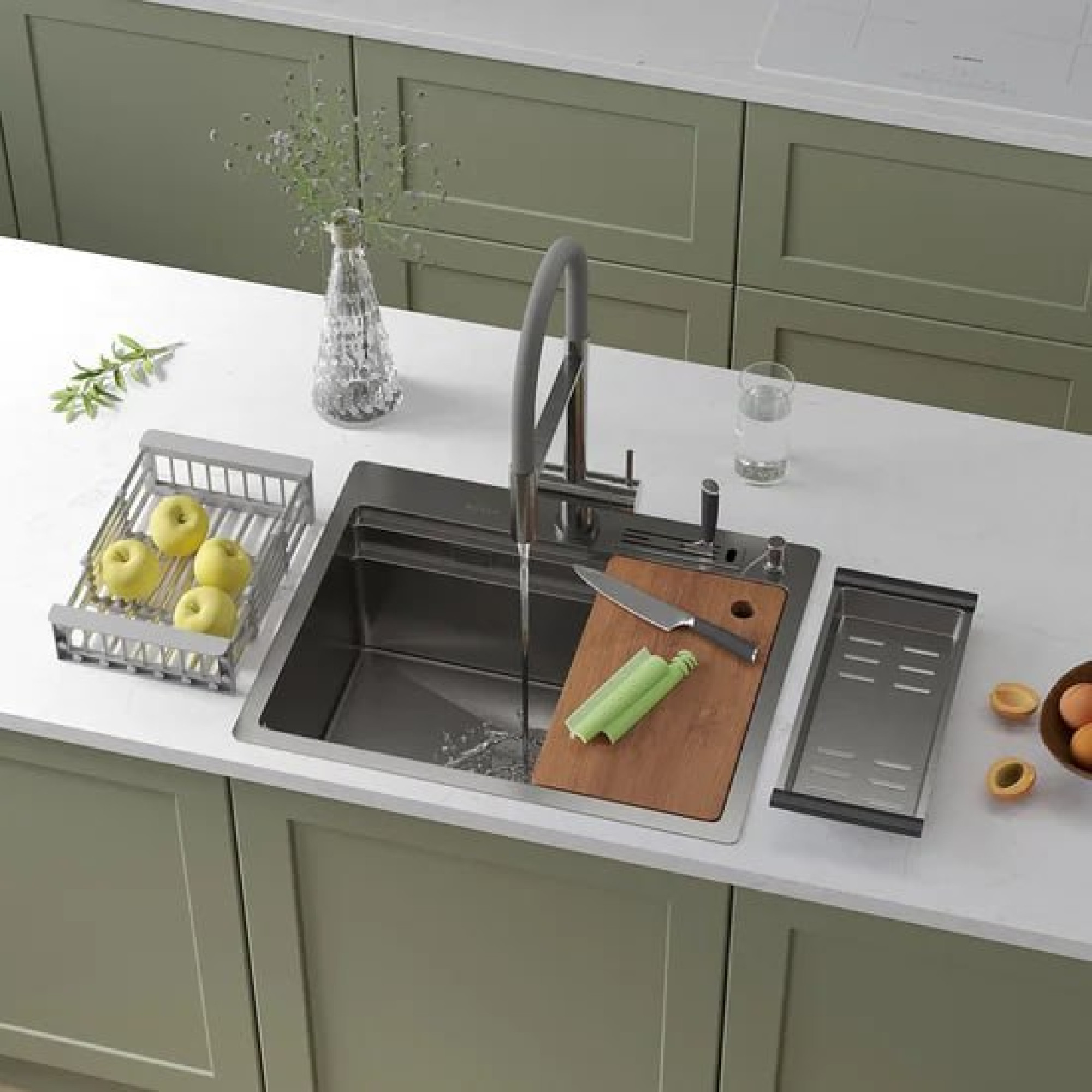 Кухонная мойка Roxen Stage 560250-60 сатин (c держателем для ножей, двумя коландерами, разделочной доской и дозатором) фото-3