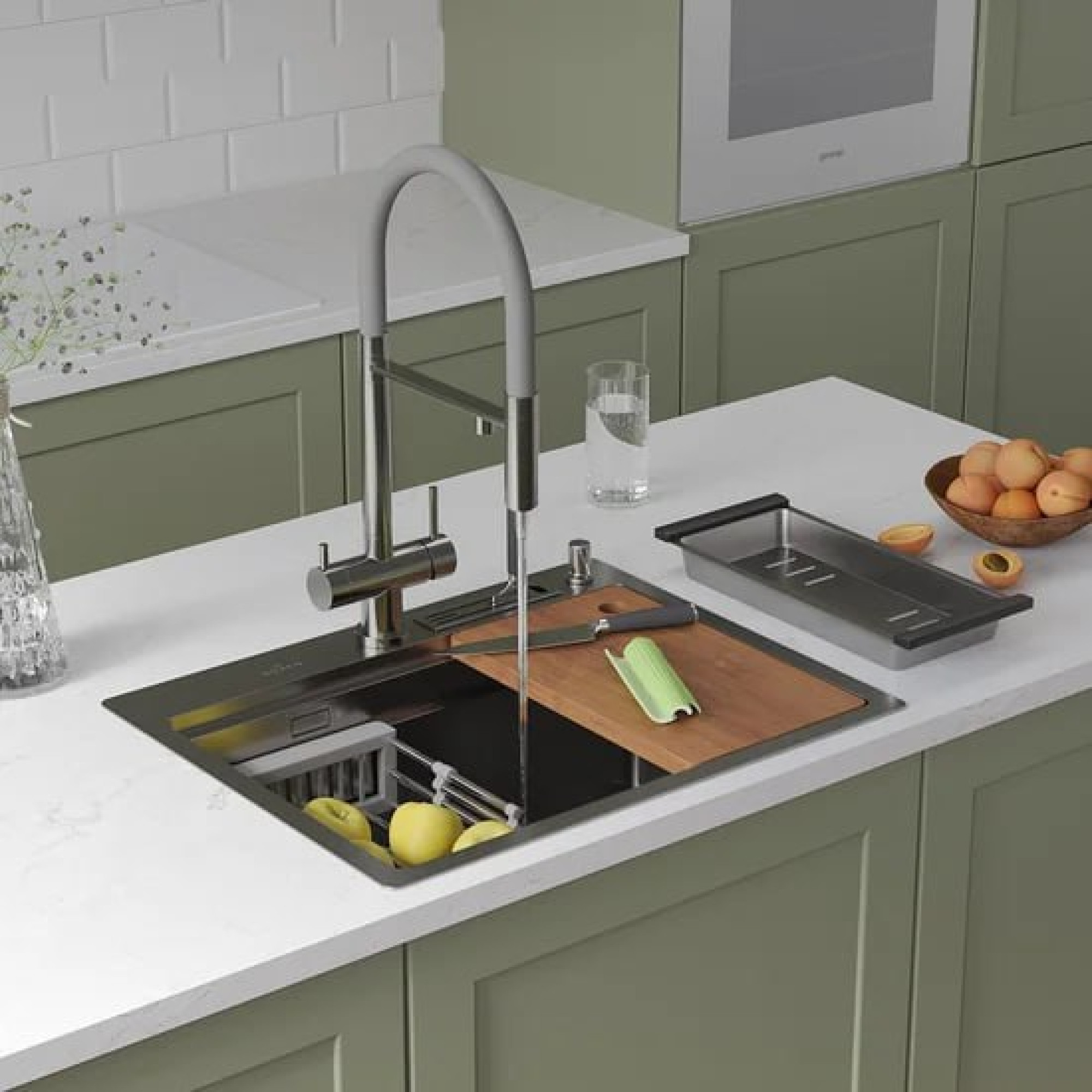 Кухонная мойка Roxen Stage 560250-60 сатин (c держателем для ножей, двумя коландерами, разделочной доской и дозатором) - фото2
