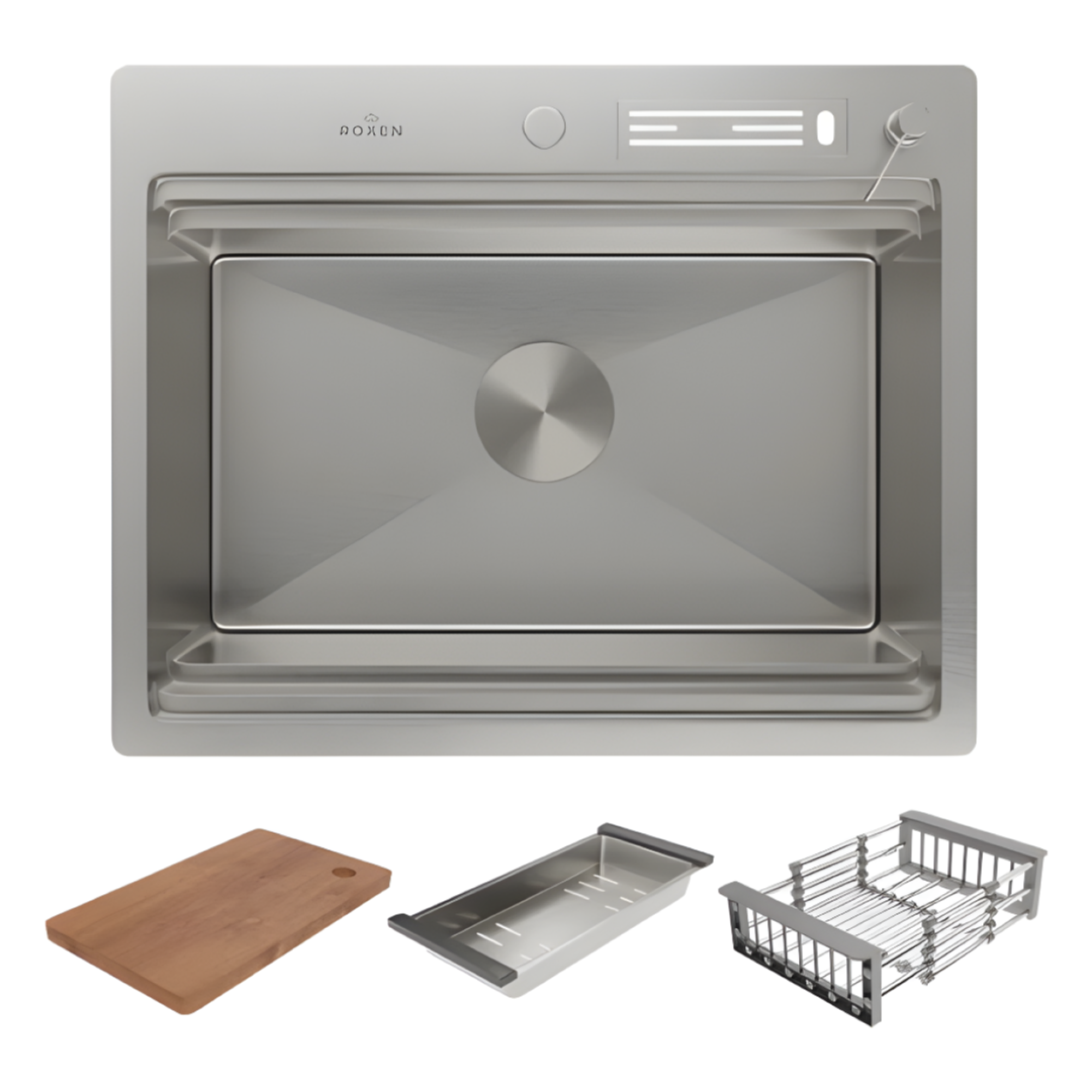 Кухонная мойка Roxen Stage 560250-60 сатин (c держателем для ножей, двумя коландерами, разделочной доской и дозатором) - фото1