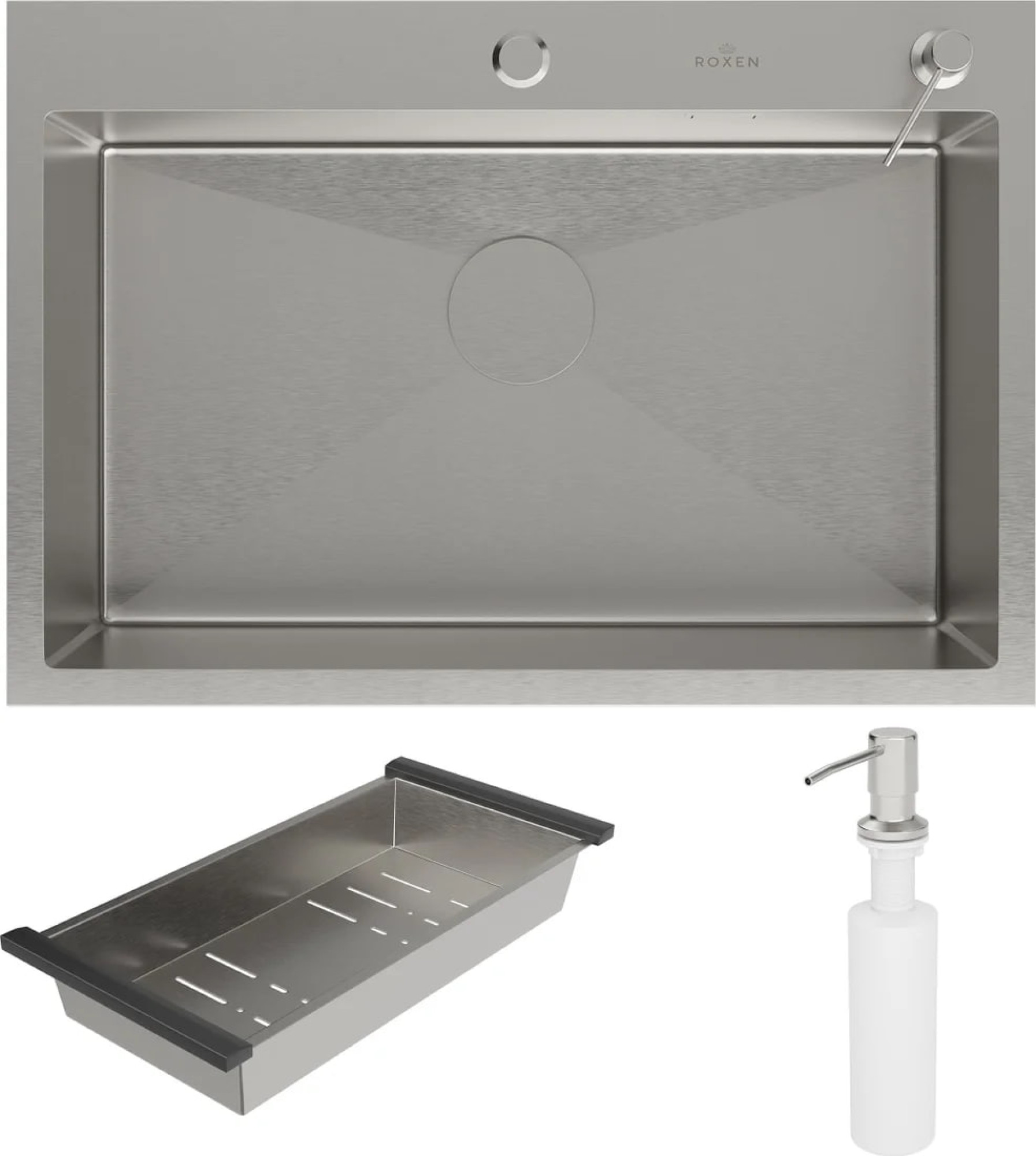 Кухонная мойка Roxen Simple 560220-70 сатин (с коландером и дозатором) фото-4 Кухонная мойка Roxen Simple 560220-70 сатин (с коландером и дозатором) фото-4