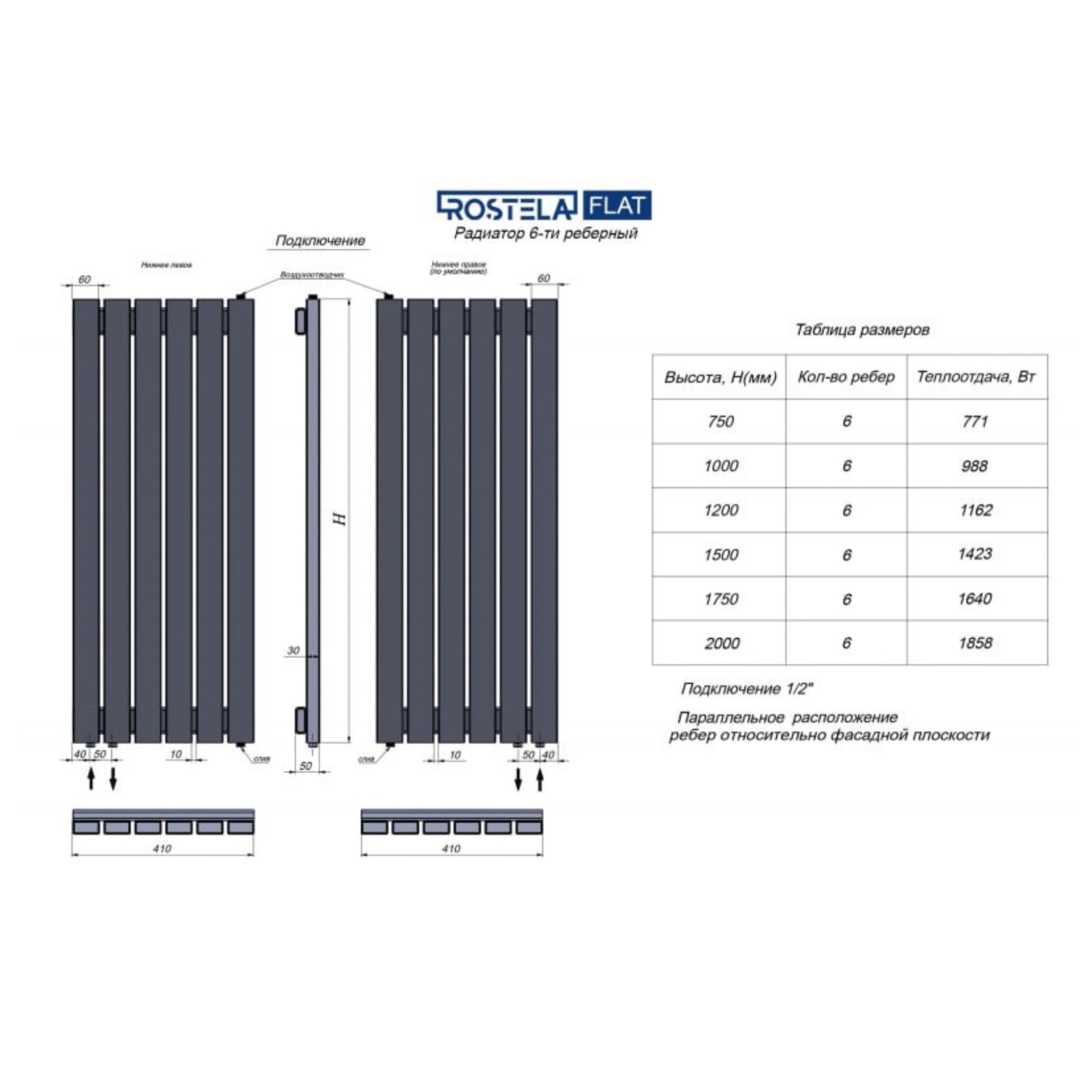 Стальной трубчатый радиатор Ростела Flat 6 410х2000 (черный муар) фото-3