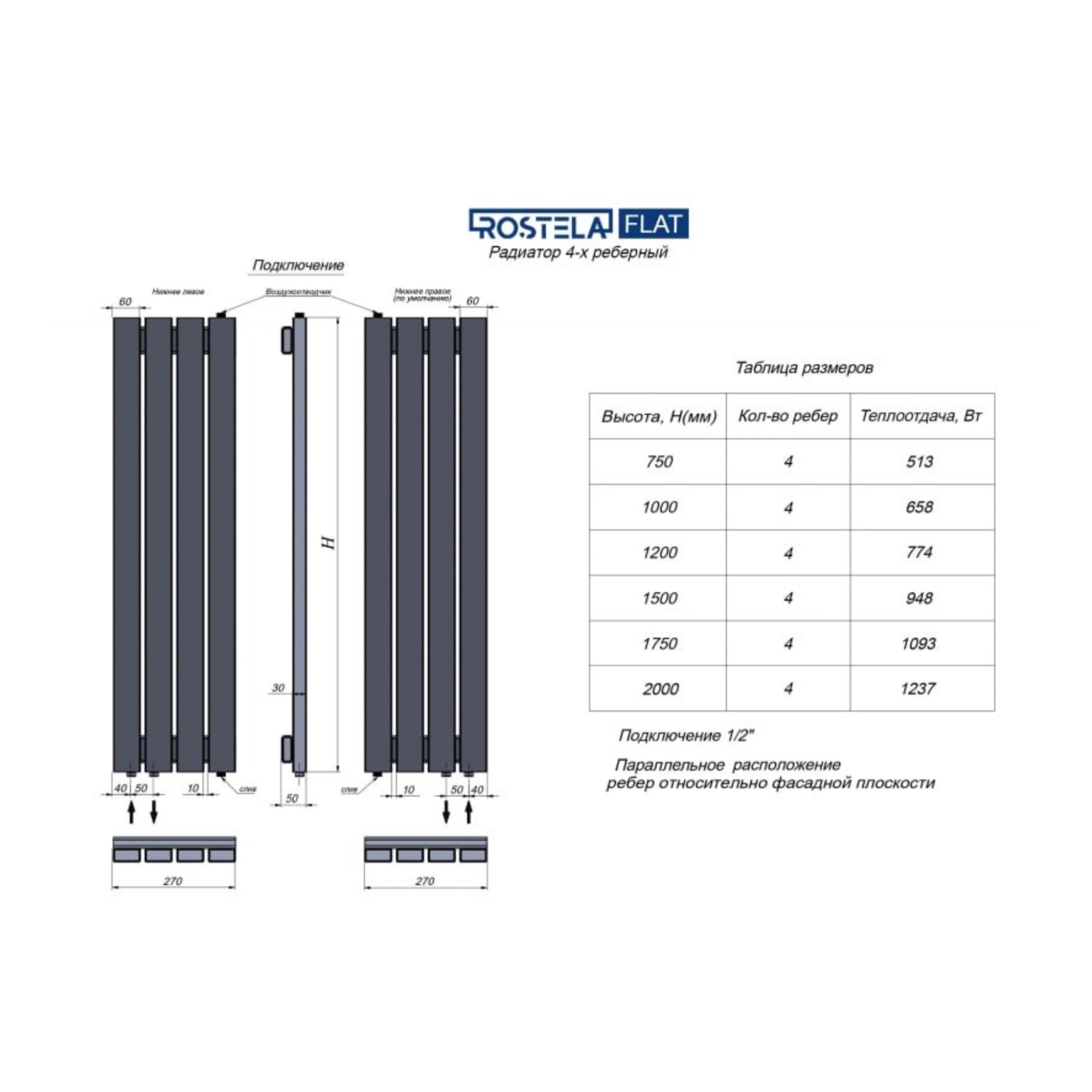 Стальной трубчатый радиатор Ростела Flat 4 270х1000 (черный муар) фото-4