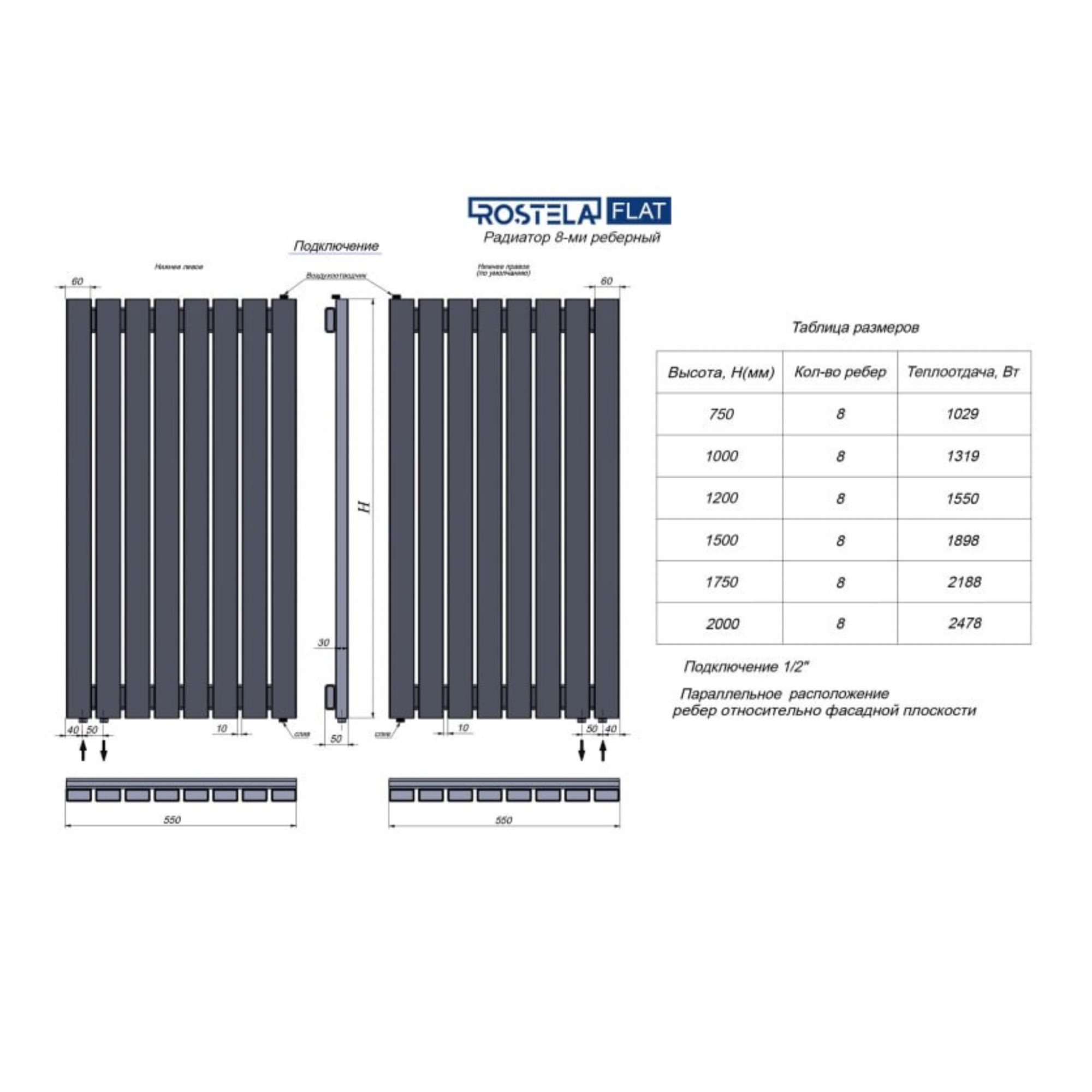 Стальной трубчатый радиатор Ростела Flat 8 550х2000 (черный муар) фото-3