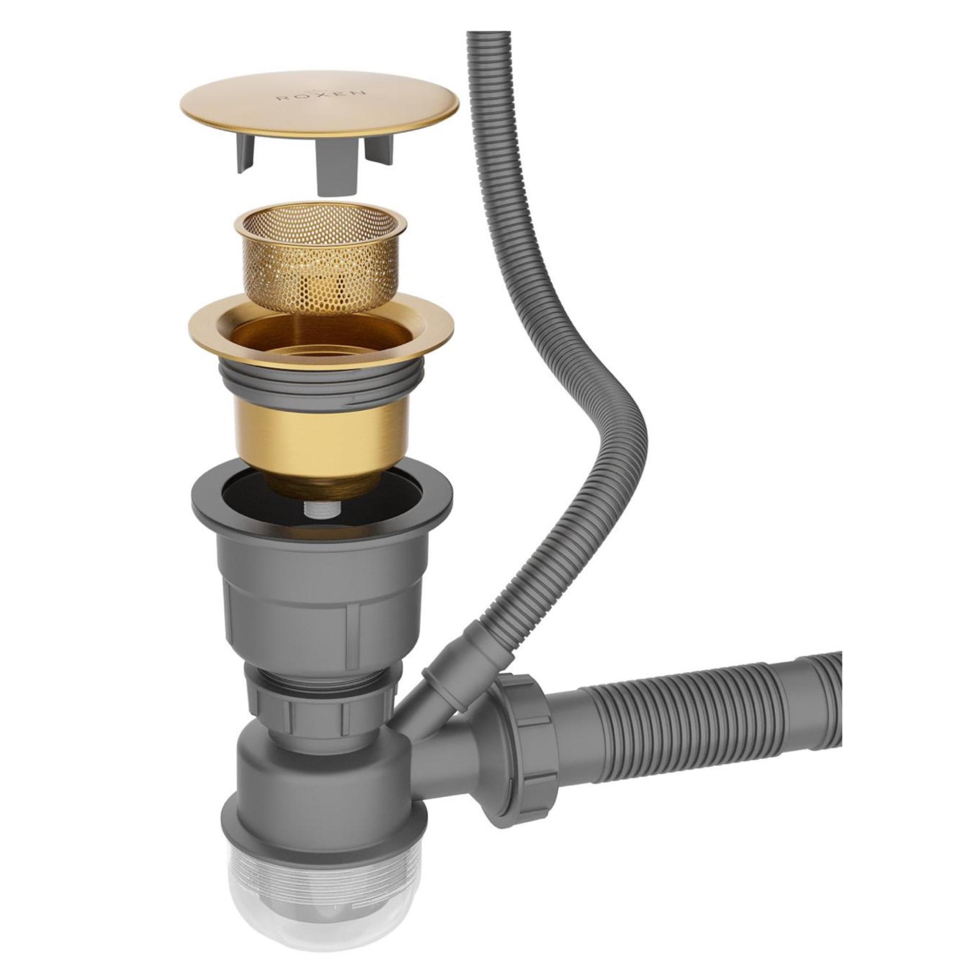 Кухонная мойка Roxen Uno 560210-54G-V золото/текстурная PVD покрытие (с ролл-матом и дозатором) фото-3