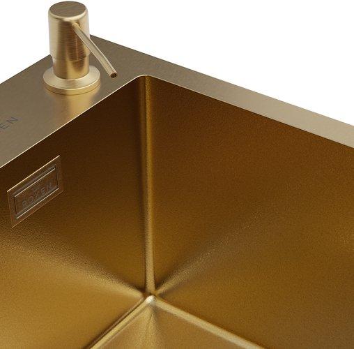 Кухонная мойка Roxen Simple 560220-50G-V золото/текстурная PVD покрытие (с коландером и дозатором) фото-3