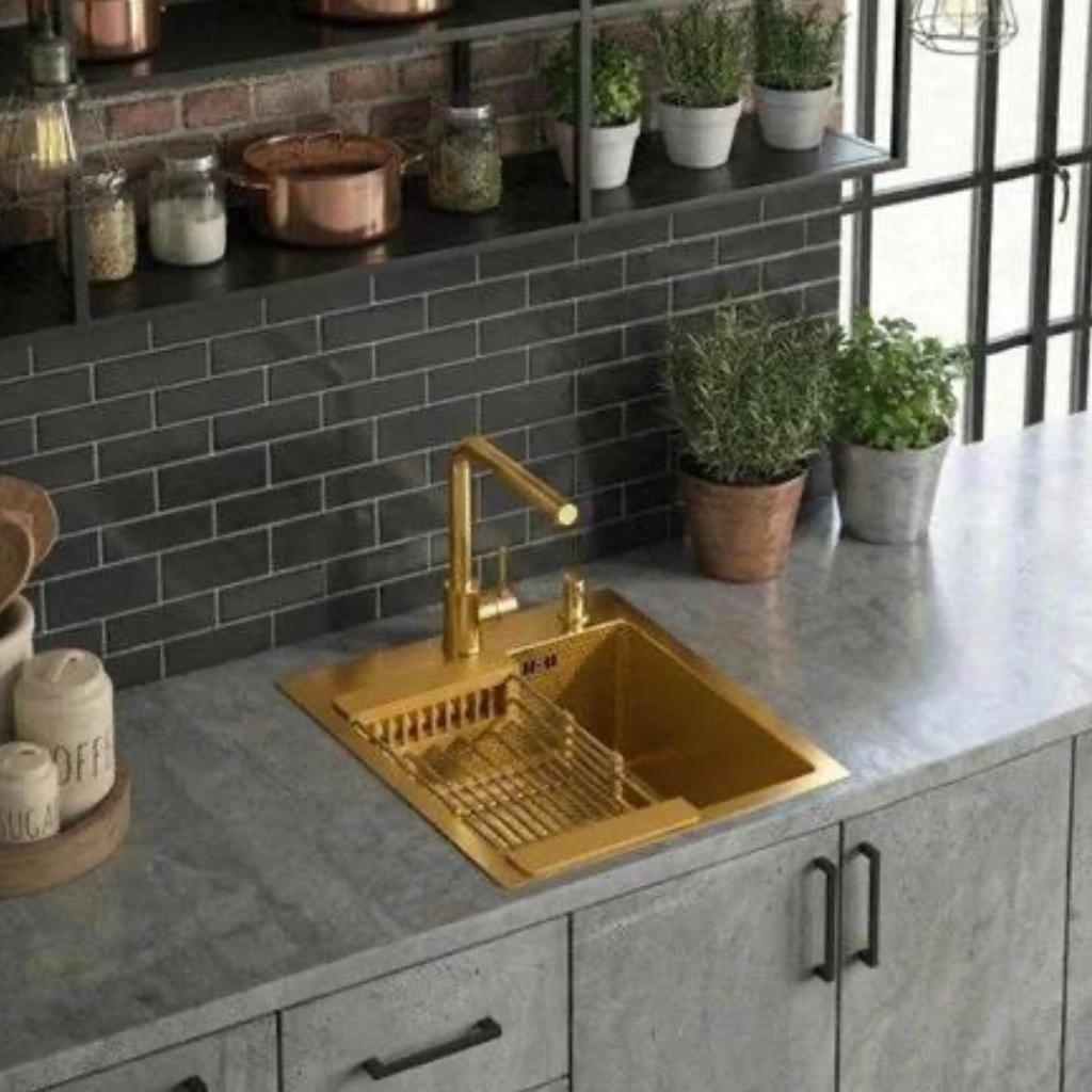 Кухонная мойка ALLBA 450x500 Gold PVD Decor (коландер, дозатор) фото-2