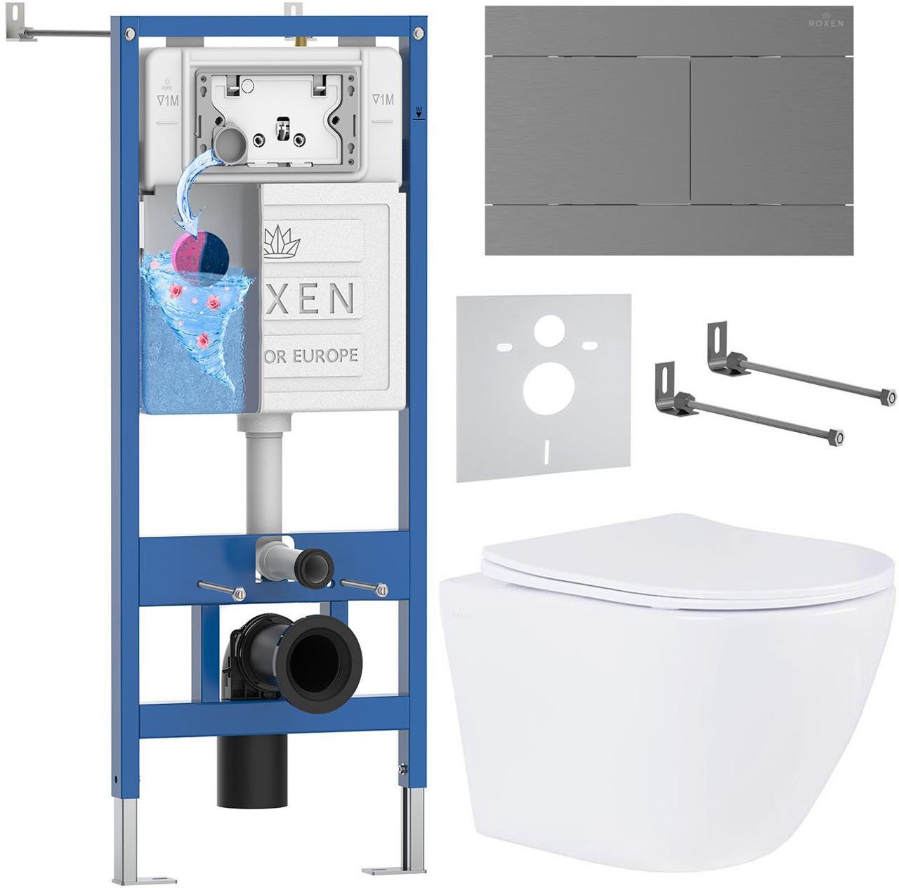 Унитаз подвесной Roxen Antares в комплекте с инсталляцией StounFix Dual Fresh 6 в 1 868609 (кнопка: оружейная сталь матовая) - фото1