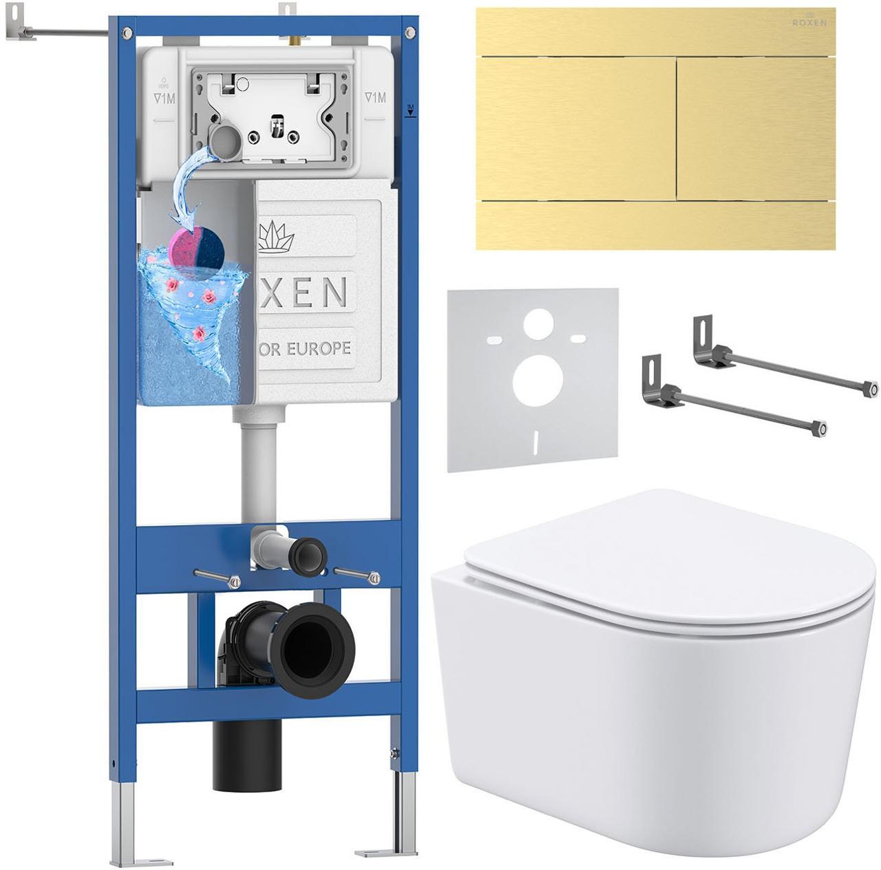Унитаз подвесной Roxen Simple Compact в комплекте с инсталляцией StounFix Dual Fresh 6 в 1 868627 (кнопка: брашированное золото матовая) - фото1